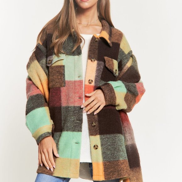 New DAVI N DANI fuzzy shacket shirt plaid multi color brushed western SM-4X - Picture 14 of 16